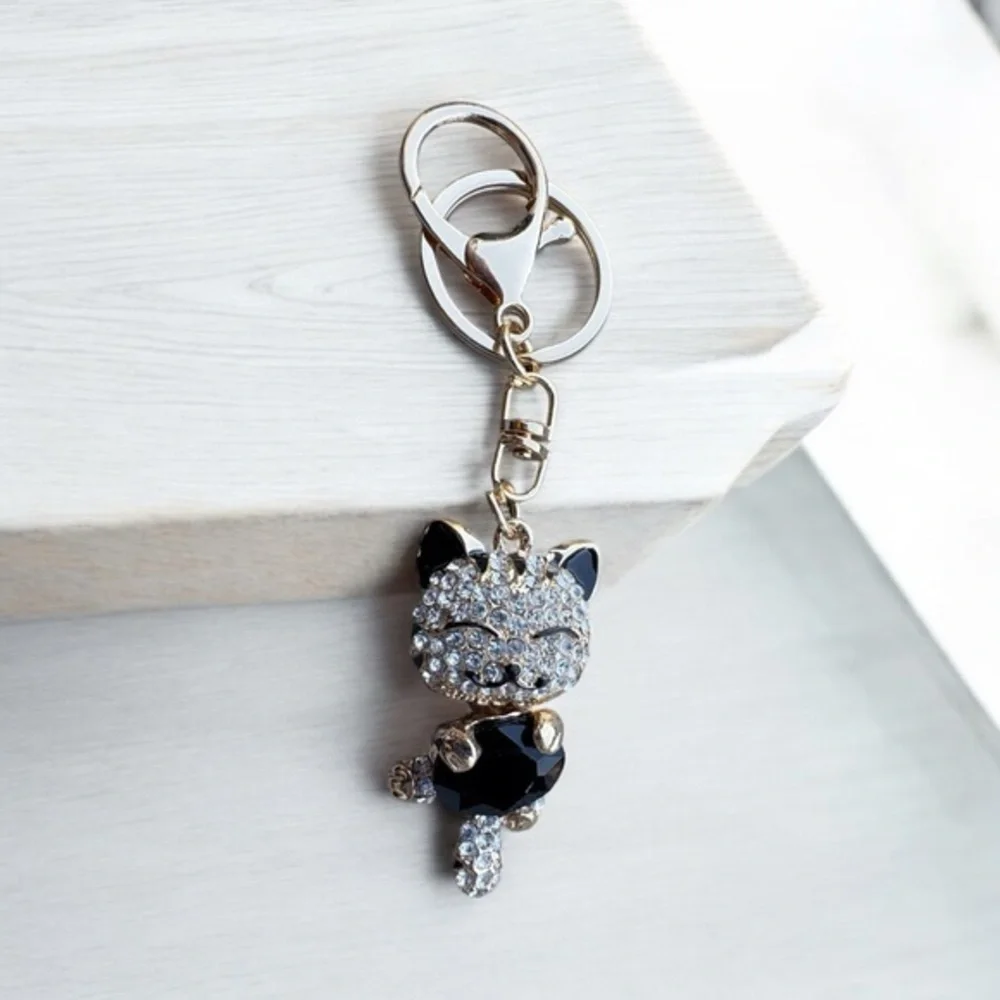 3/$25 Sparkle.Rhinestone Jeweled Black & Silver Cat Kitten Keychain Bag Charm